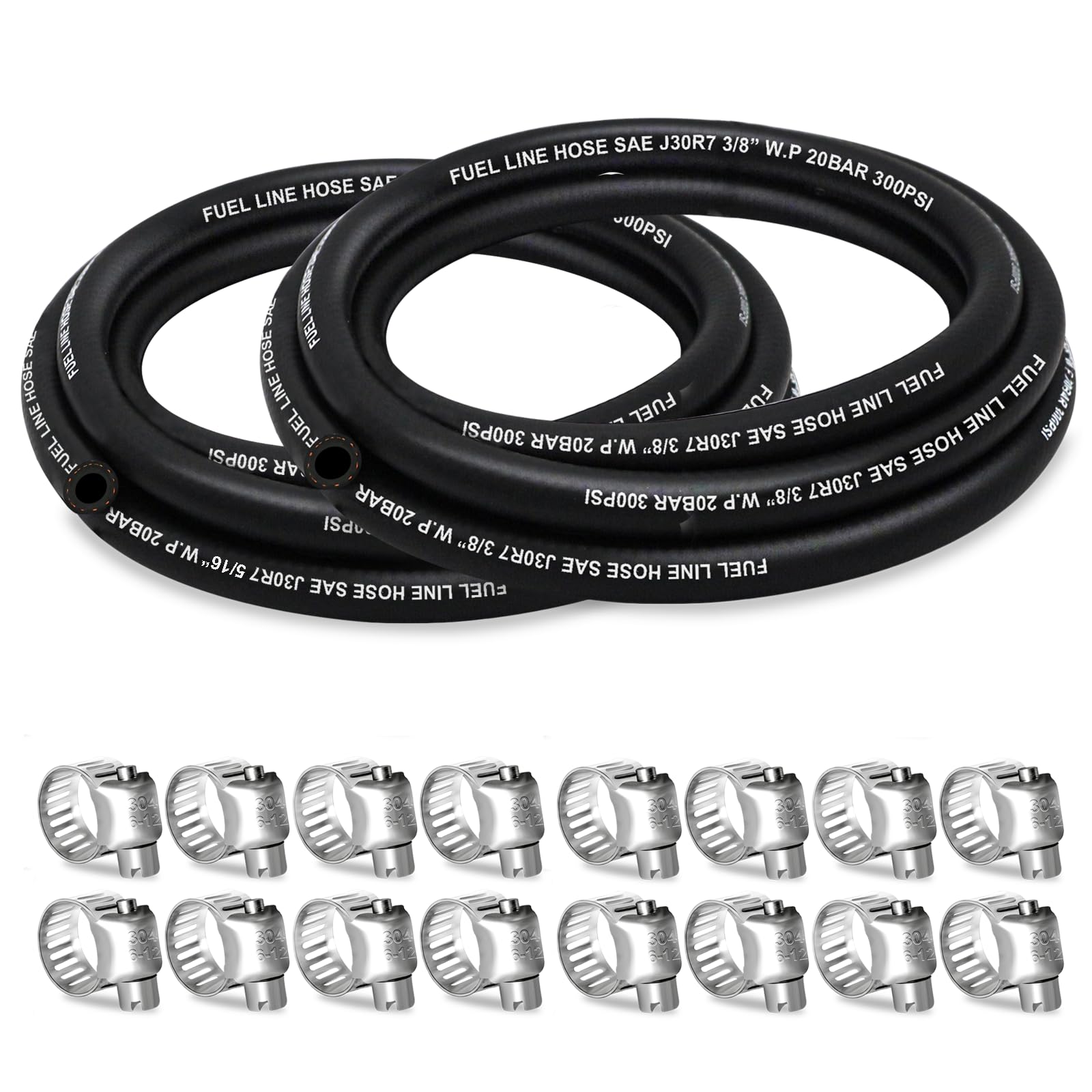 Fuel Line 5/16 3/8 Inch ID, Fuel Hose 10FT 300PSI High-Pressure with 20 Clamps., J30R7 Fuel Line Hose NBR.