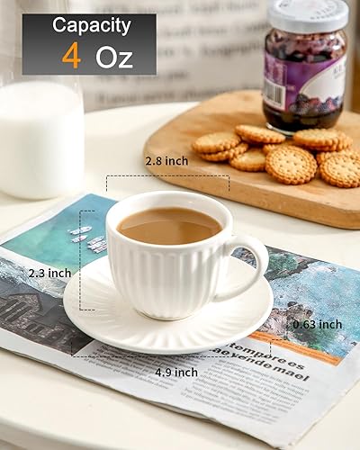 Miniatura 3 de Hasense Juego de 6 tazas de café expreso de 4 onzas con platillos, tazas de capuchino acanaladas de cerámica para café, expreso, doble shot, latte y