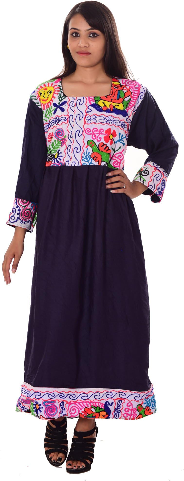 Indian Banjara Embroidered Women Afgani Dress Floral Print Black Color Plus Size Attire Outfit Gown Tunic