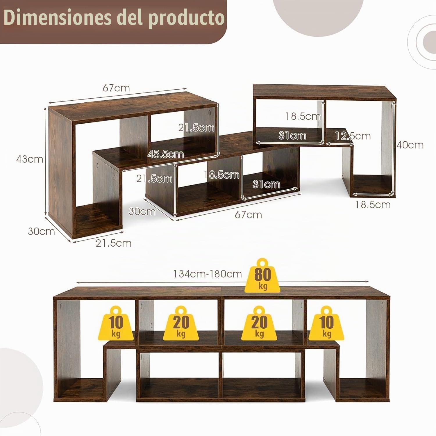 GIANTEX Mueble de TV Combinado Libre con Estantes Abiertos, para TV hasta 65 Pulgadas, Soporte de TV Multifuncional de Madera, para Salón, Dormitorio, 134-180x30x43 cm (Marrón, 3 Piezas)