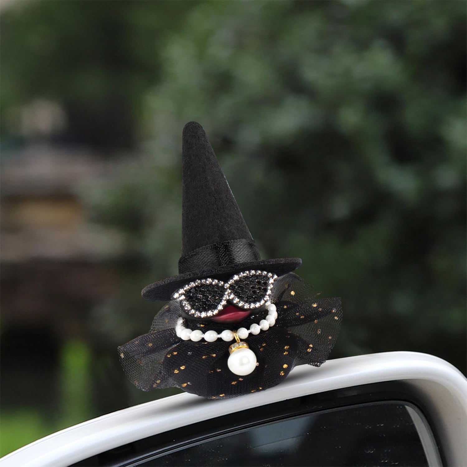 wonuu Halloween Rubber Duck Black Witch Duck Car Dashboard Decoration with Hat Diamond Sunglasses Pearl Necklace Cloak Skirt