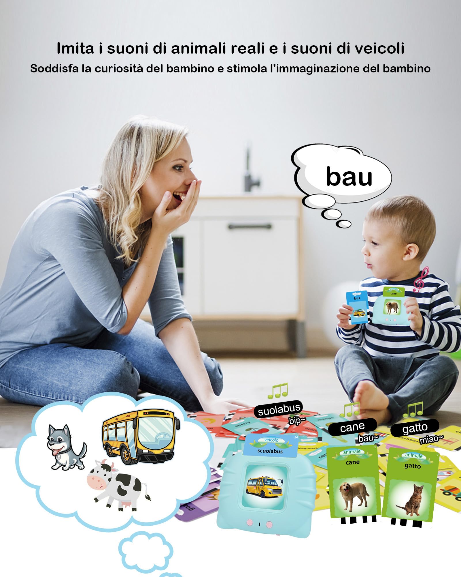 Schede flash parlanti, giocattoli per bambini da 1 a 12 anni, giocattoli educativi per bambini in età prescolare, per l'ascolto e l'apprendimento di base, 224 parole (colore azzurro, in italiano)