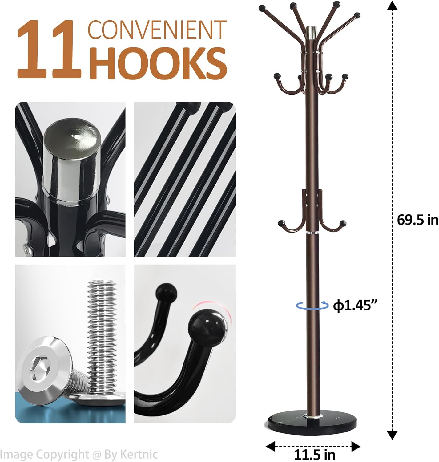 Kertnic Modern Coat Rack Freestanding with Natural Marble Base & Sturdy Metal Frame, 11 Hooks Hall Tree for Jackets, Hats, Bags, Entryway Organizer for Bedroom, Living Room, Closet (11 hooks-Bronze)