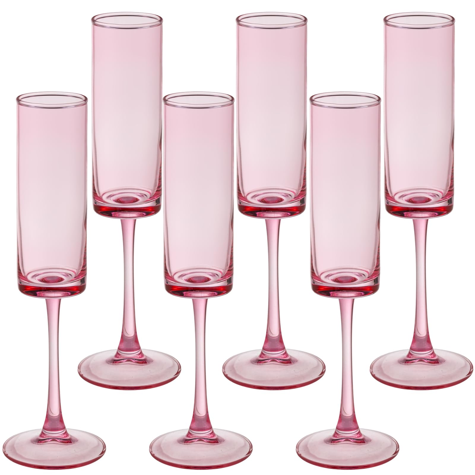 6 Pieces Pink Champagne Flutes 6 OZ Straight Sided Wine Glasses Champagne Long Stem Drinking Colored Glasses,Set of 6 Hand Blown Champagne Flutes Goblets for Wedding Cocktail Cups,Cava, Prosecco
