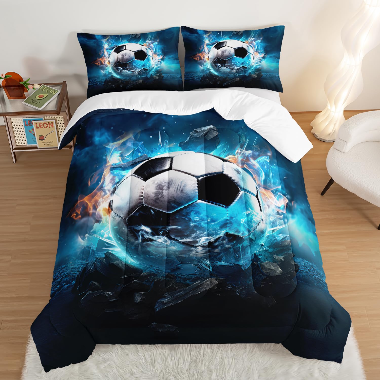 UEVBF Soccer Bedding Comforter Set Queen Size,Blue Football Flame Printing Ball Gamer Bedding Set,Sports Themed Room Decor for Teens Boys,Kids Comforter Sets Boys with 2 Pillowcases.