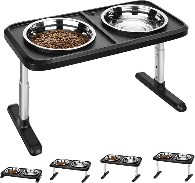 PETTOM Raised Dog Bowl 4 Height Adjustable Dog Feeding Bowls, Dog Food Water Bowls with Stand, Stainless Steel Bowl (2 x 1.8L) Included-Great for Large Dogs and Cats