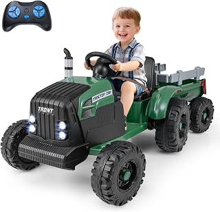 Costzon 24V Ride on Tractor with Detachable Trailer, Kids' Electric Vehicles with 3 Speeds, 15° Climbing, Wireless Design, Horn & Music, Remote Control Tractor Toy for Kids 3+,Gift (24V, Dark Green)
