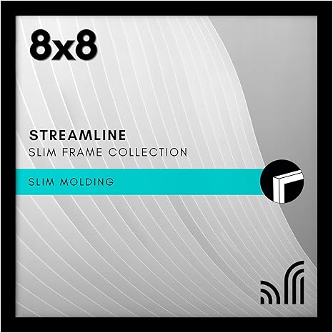 Americanflat 8x8 Picture Frame with Shatter-Resistant Glass - Streamline Collection - Thin Border Square Frame for Tabletop and Wall Display - Hanging Hardware and Easel Stand Included - Black