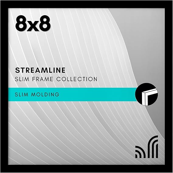 Americanflat 8x8 Picture Frame with Shatter-Resistant Glass - Streamline Collection - Thin Border Square Frame for Tabletop and Wall Display - Hanging Hardware and Easel Stand Included - Black