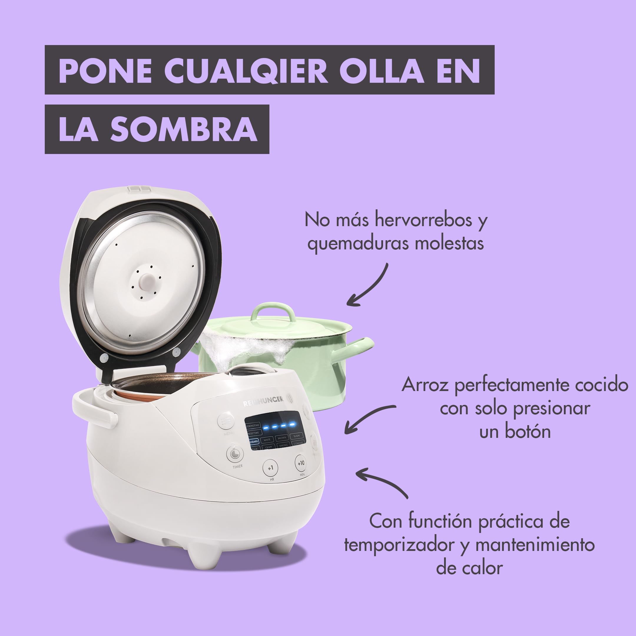 Reishunger Mini Olla Arrocera Eléctrica y Vaporera en Negro hasta 3 Personas (0.6 l) – Hervidor de Arroz con 8 Programas - Con Pantalla LED y Función Automática de Mantenimiento del Calor