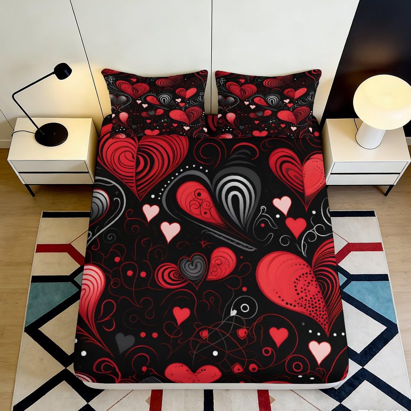 Jqzkxnhpbr Style-2 3D Printed Red Heart Pattern Fitted Sheet Microfiber Black Romantic Bed Cover For Bedroom Guest Room Mattress Protection 90X200x25cm