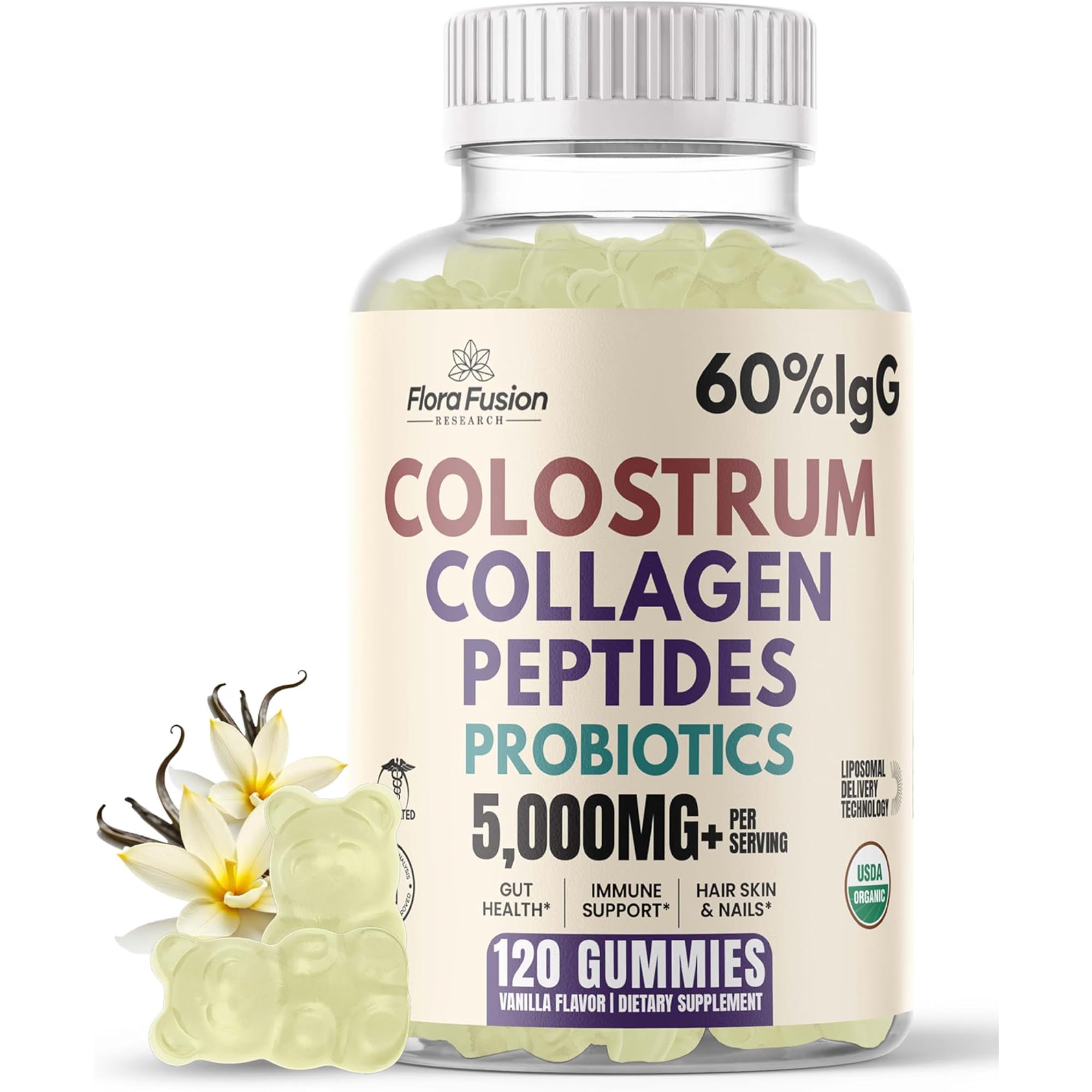 Flora Fusion Colostrum Gummies, 3000mg Bovine Colostrum + 2500mg Collagen Peptides per Serving, Probiotics for Gut Health & Immune Support, 120 Vanilla Gummies for Women & Men