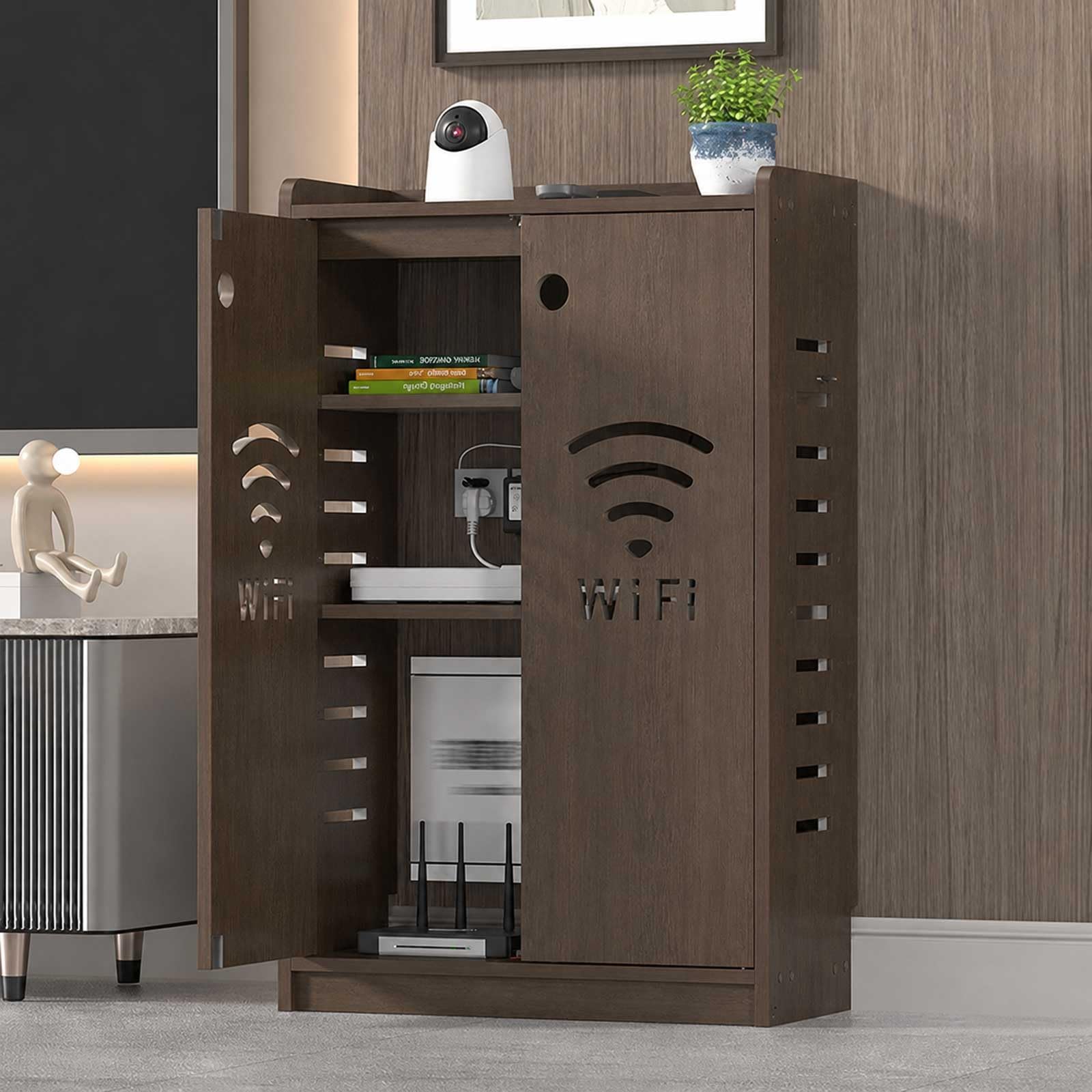 Armadietto Portaoggetti Per Router WiFi, Scatola Portaoggetti Da Pavimento Per Modem, Mobile Rete Con Ripiani Regolabili, Copricavi Ventilato Per Casa Ufficio Soggiorno Camera(Brown,H31.5in/80cm)