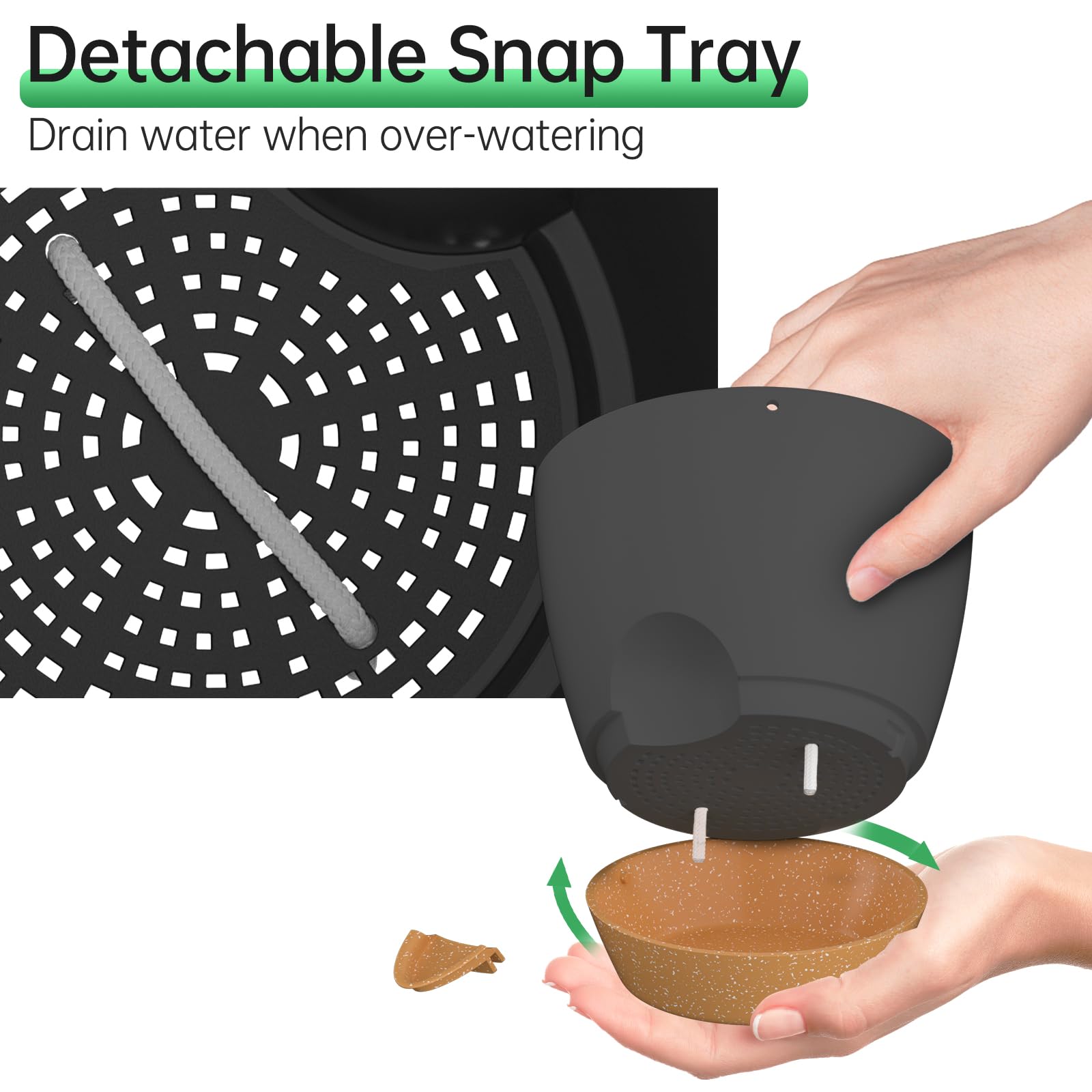 ZMTECH Lot de 2 pots de fleurs suspendus de 16,5 cm pour intérieur et extérieur – Pots de fleurs en plastique à arrosage automatique avec trous de drainage et soucoupe amovible (noir)