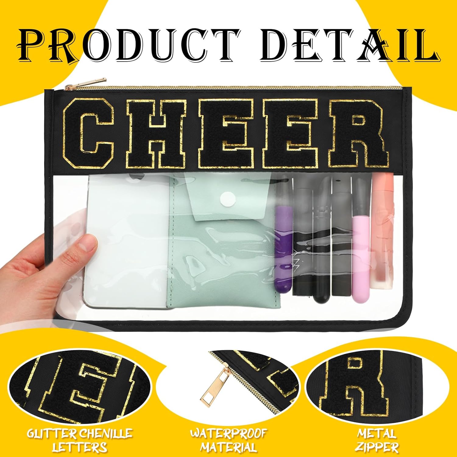 Abbylike 4 Pcs Cheer Makeup Bag Gift Set 11.8x8.2 Inches for Cheerleader Team Girls Clear Chenille Letter Cosmetic Bags Zipper Toiletry Makeup Pouch Bulk Women Travel Snack Bag(Black,Cheer) - Image 3