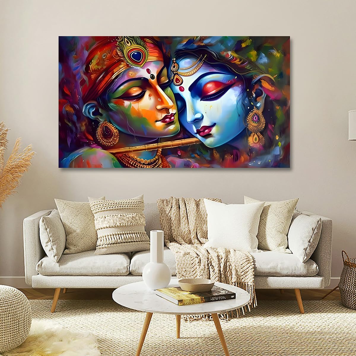 7 Colours Decors Canvas Painting Wall Frame | Radha Krishna in Loving Embrace | Vibrant Cultural Artwork with Peacock Feather, Flute, and Traditional Jewelry | Modern Decorative Wall Art for Living Room and Office (36x24 Inches)-image-14