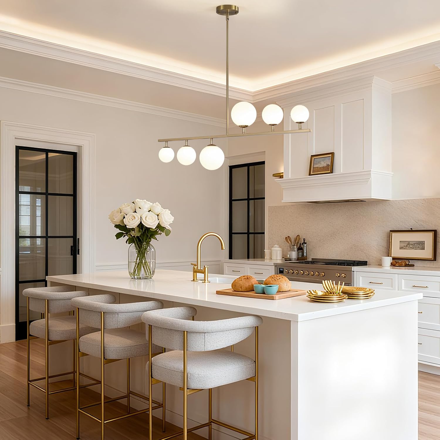 MEIJIA Mid Century Modern Chandelier, 6 Light Globe Sputnik Chandeliers Light Fixture with Milk Glass Shades, 40.5” Linear Chandelier for Kitchen Island, Brass Gold Dining Room Chandelier Over Table