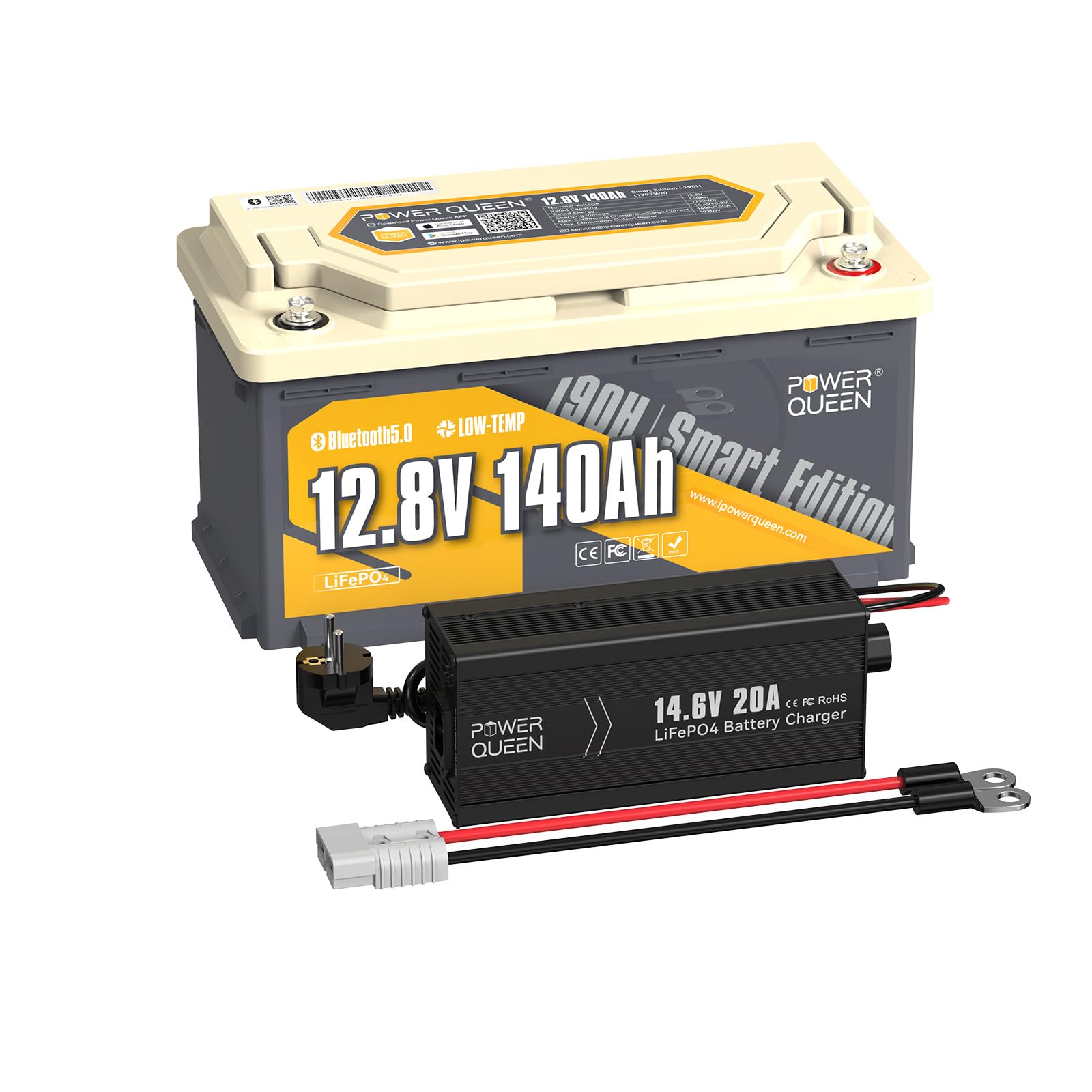 Power Queen 12V 140Ah H190 Bluetooth Batterie Lithium et Chargeur 14,6V 20A, Construit dans 150A BMS pour Camping - Car, Caravane, Moteur de Pêche à la Traîne, Stockage D'énergie à la Maison