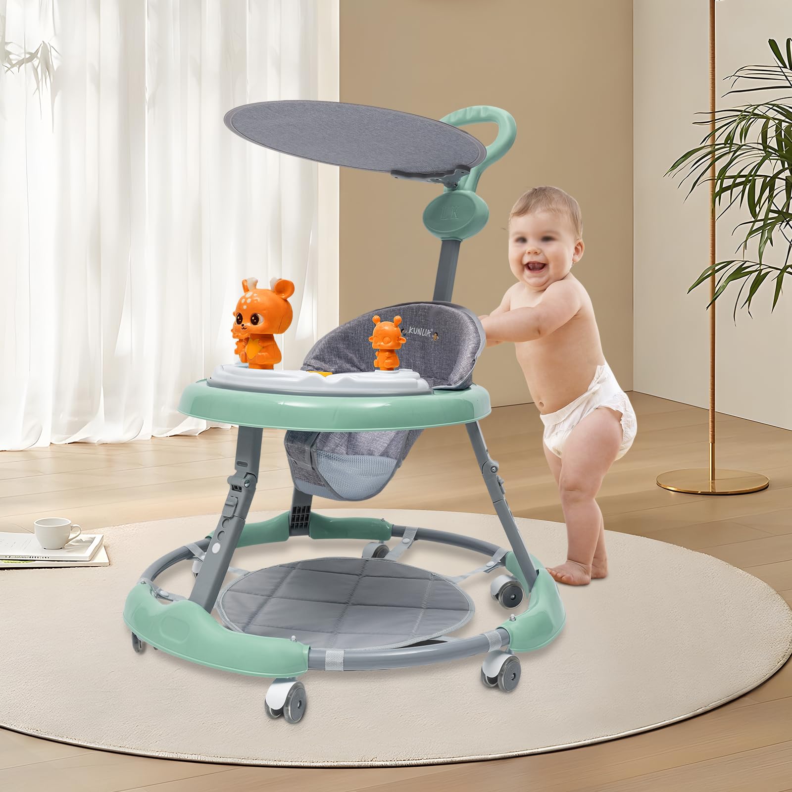 Ulepszony traktor/wózek dla niemowląt, zabawka muzyczna dla dzieci, regulowany, chodzik dla niemowląt z drążkiem do pchania, muzyczna stacja budzenia, ciche i antypoślizgowe koła z PVC