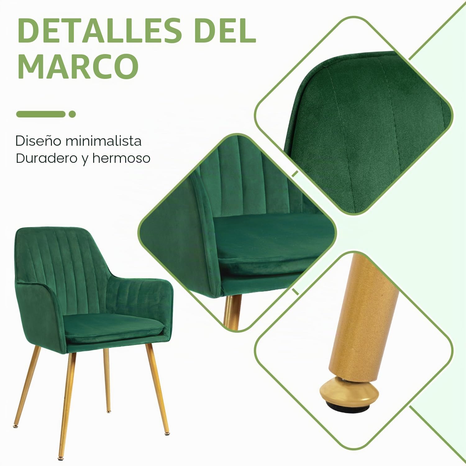 CangLong Juego de 2 Terciopelo, Silla Tapizada con Apoyabrazos, Patas de Metal, para Comedor, Cocina, Sala de Estar, Color Verde, Espuma, Unidades