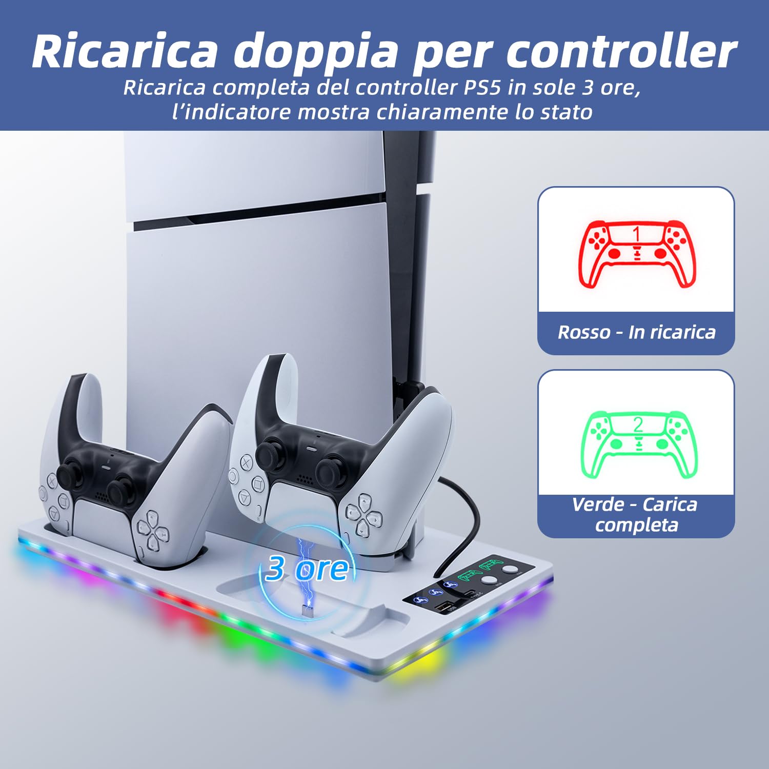 Wigearss Supporto Verticale Raffreddamento PS5/PS5 Slim/PS5 Pro con Doppio Caricatore Controller, Base di Ricarica Joystick PS5 con Ventola Raffreddamento, Illuminazione RGB per PS5/PS5 Slim/PS5 Pro