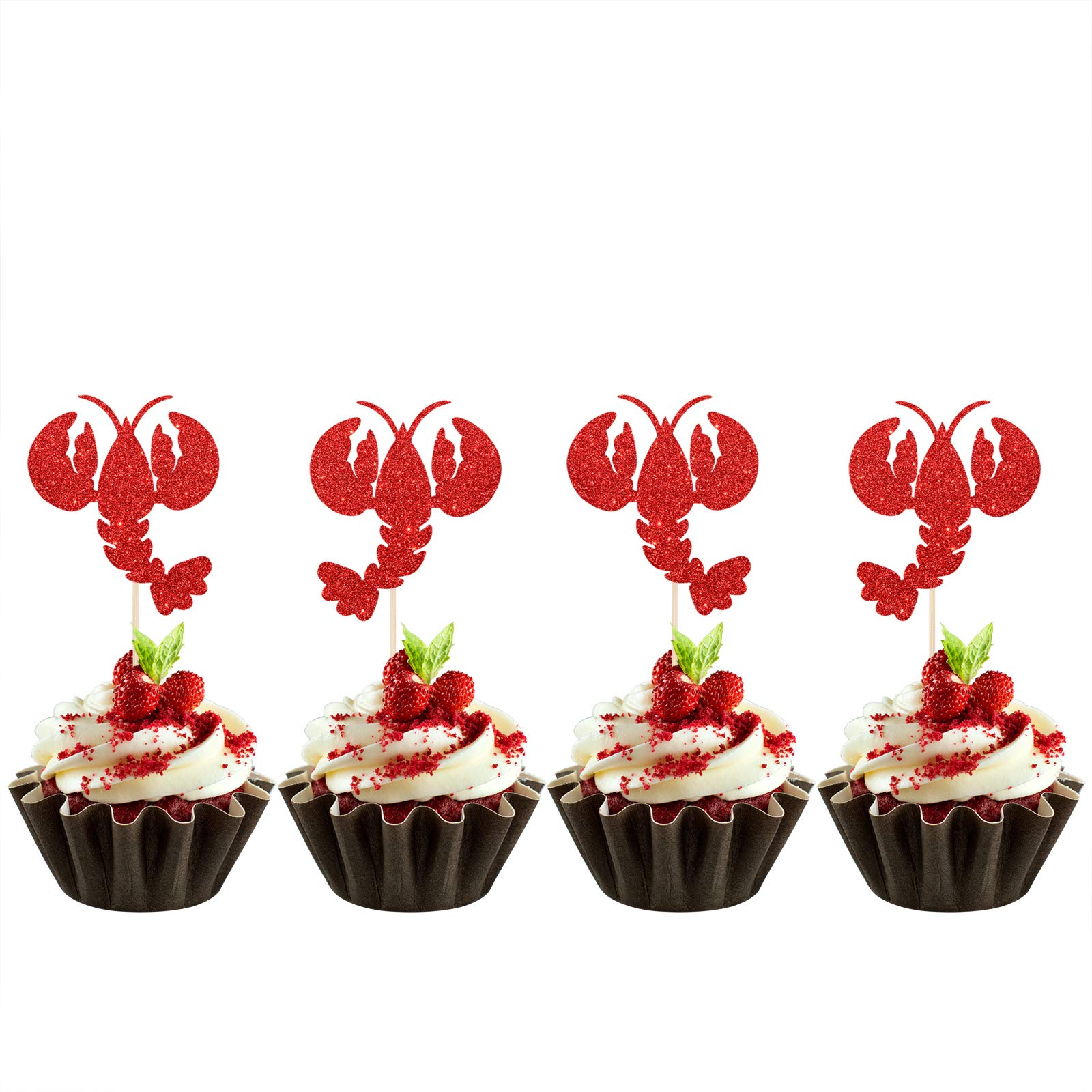 MonMon & Craft 24 Pcs Lobster Cupcake Toppers for Children Birthday/Single Divorce Party/Leaving/Ocean Lobster Theme Party Cake Decorations/Red