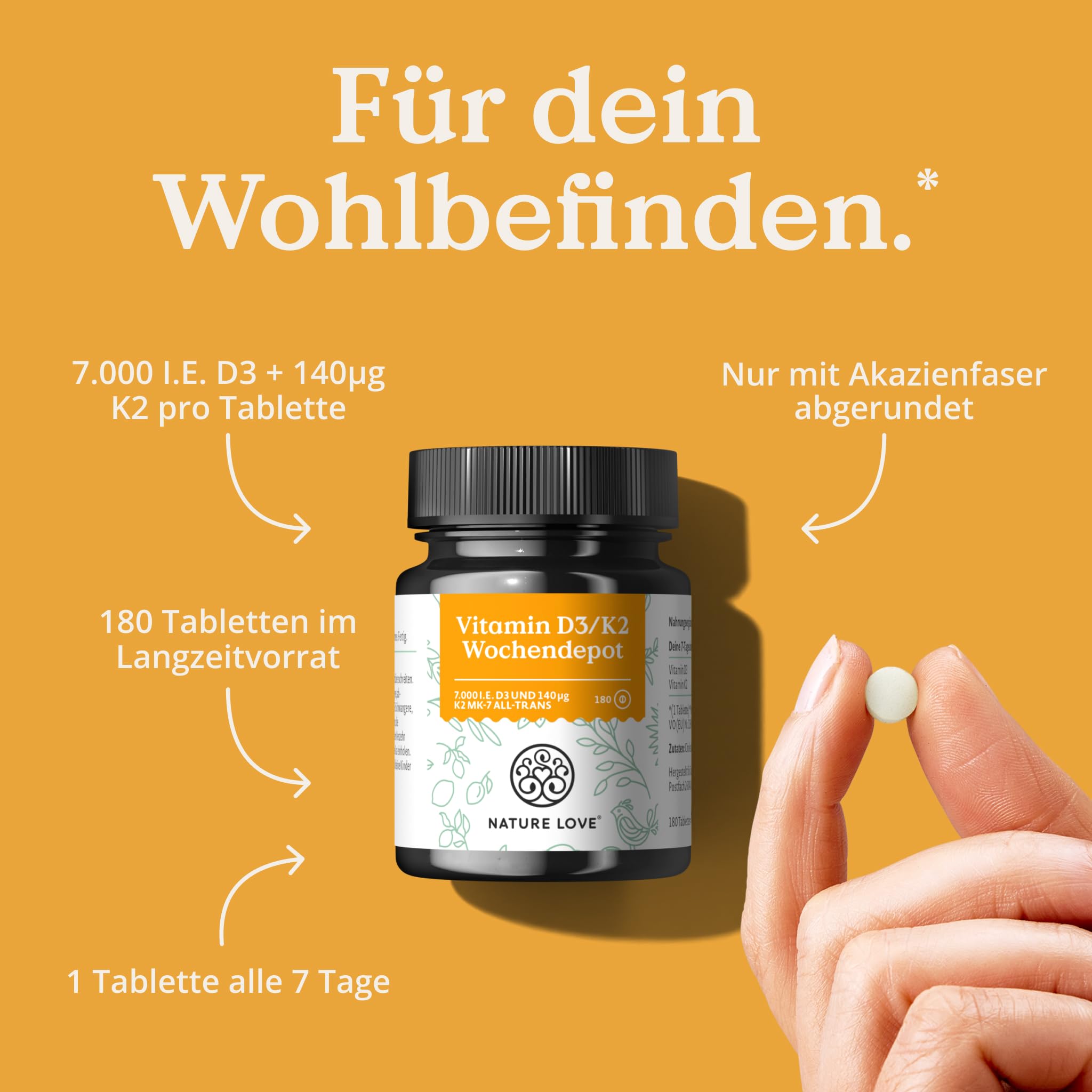 Nature Love Vitamin D3 K2 Wochendepot - 180 vegane Tabletten - 7000IE D3 + 140µg K2 pro Tablette mit >99,7% all-trans - Hochdosiert & vegan - Laborgeprüft, in Deutschland produziert