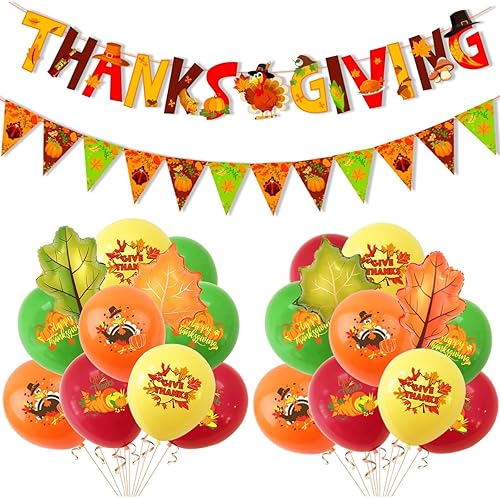 Juego de decoraciones de fiesta de Acción de Gracias con bandera, globos, globos de látex de 12 pulgadas, tarjetas de papel, cinta naranja, tema de