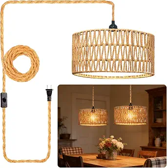 Bohemian Plug-In Rattan Pendant Light, Boho Chandelier, Modern Woven Fixture