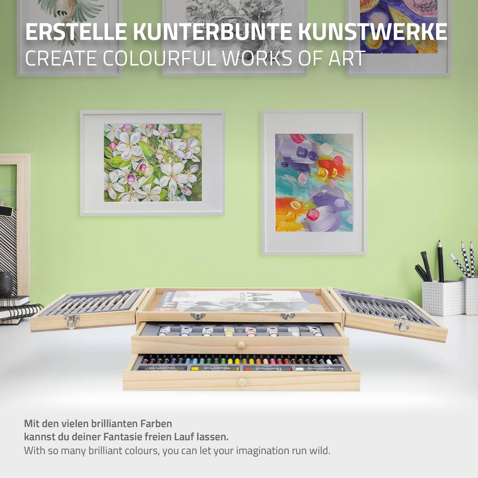 ECD Germany Set per Pittura con Valigetta in Legno 85 pezzi 3 Blocchi da Disegno A4 Colori Acrilici e Accessori Kit Disegno Pennelli Pastelli Acquarelli Portatile per Hobby Artisti Principianti