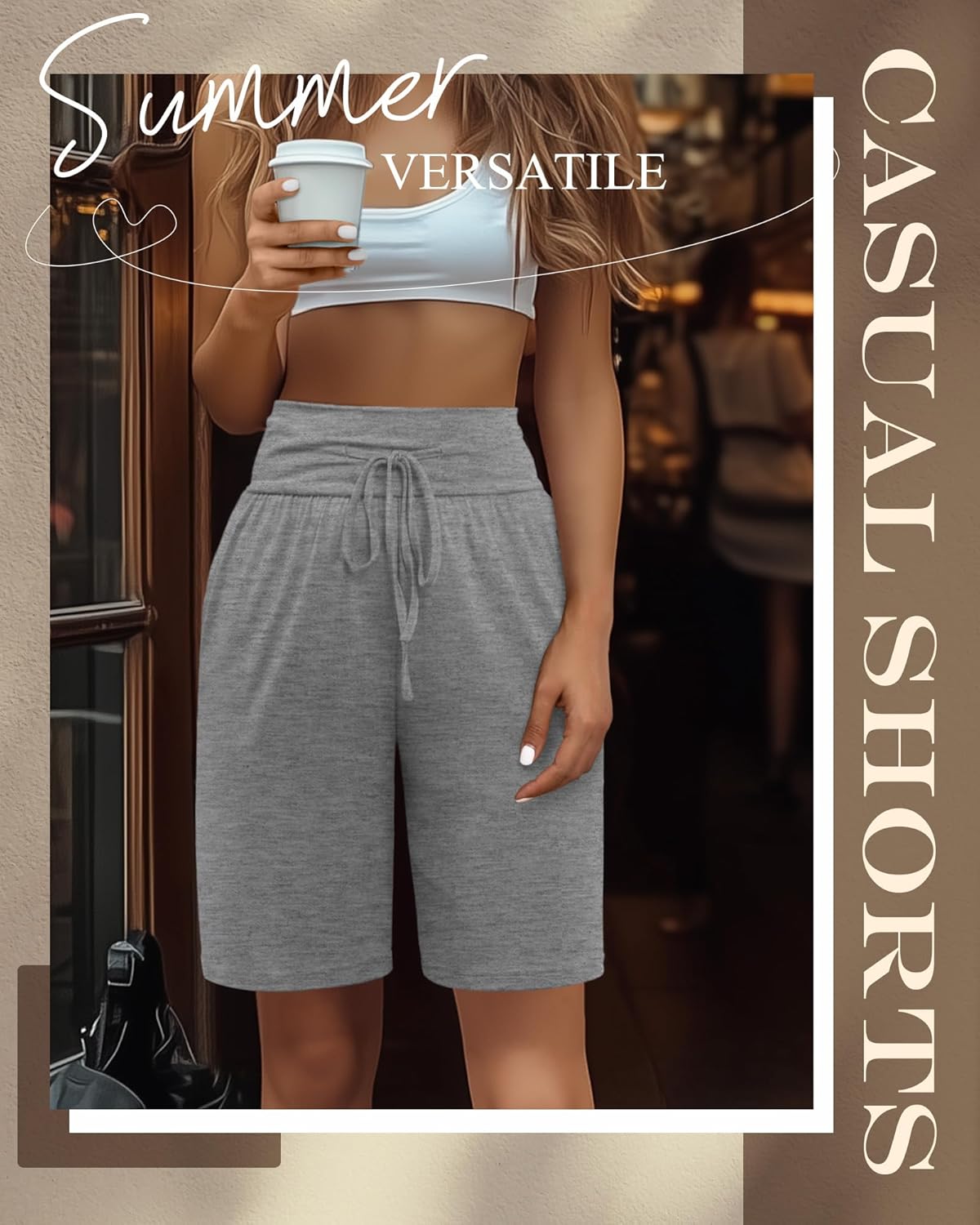 Neer 3 Pack Women's Bermuda Shorts, Knee Length Wide High Waisted Drawstring Casual Athletic Shorts with Pockets - Image 2