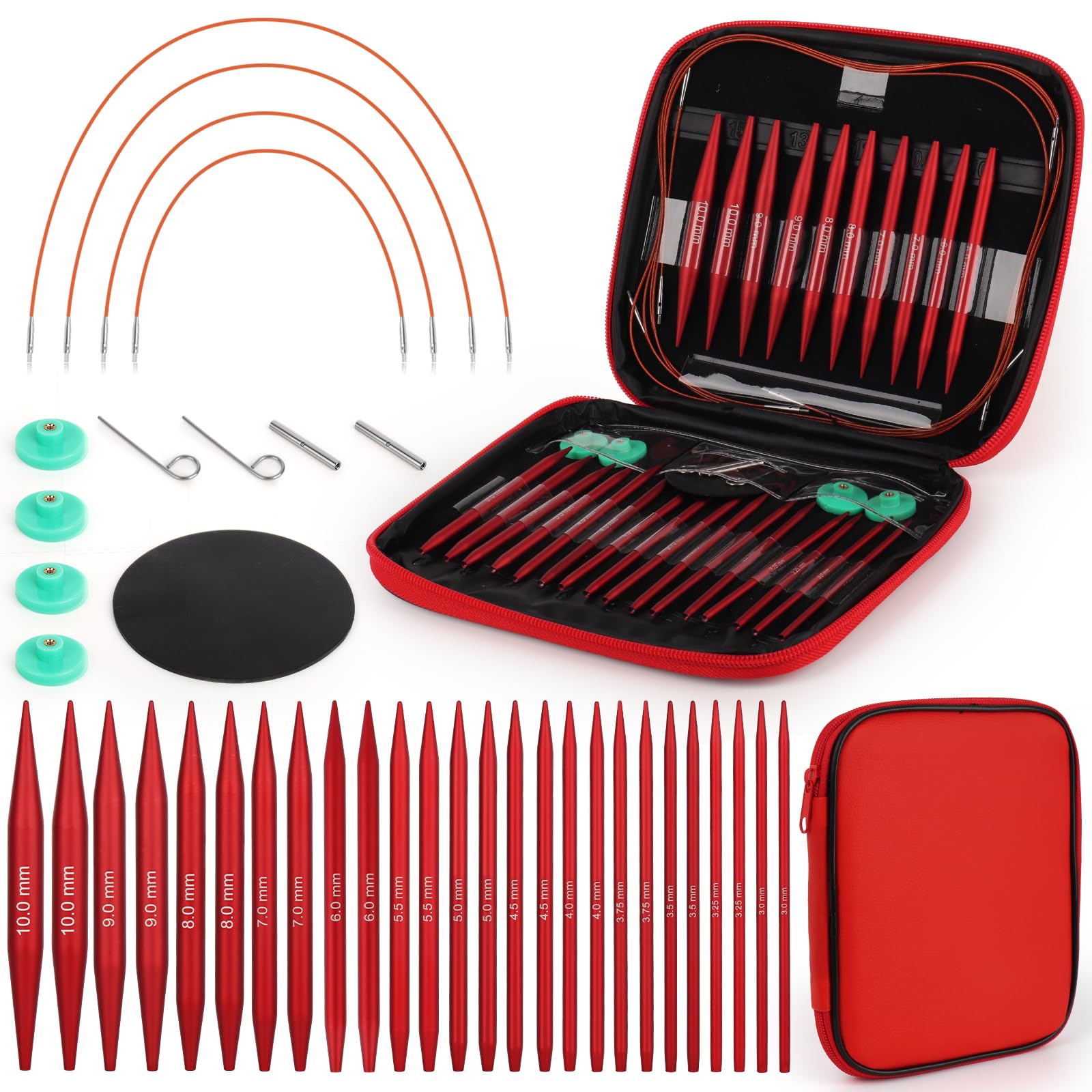 Coopay Auswechselbare Rundstricknadeln Set, 3,0-10,0 mm Rundstricknadeln, 40cm/60cm/80cm/100cm Austauschbare Stricknadeln mit Aufbewahrungstasche, Aluminium, Mattrot