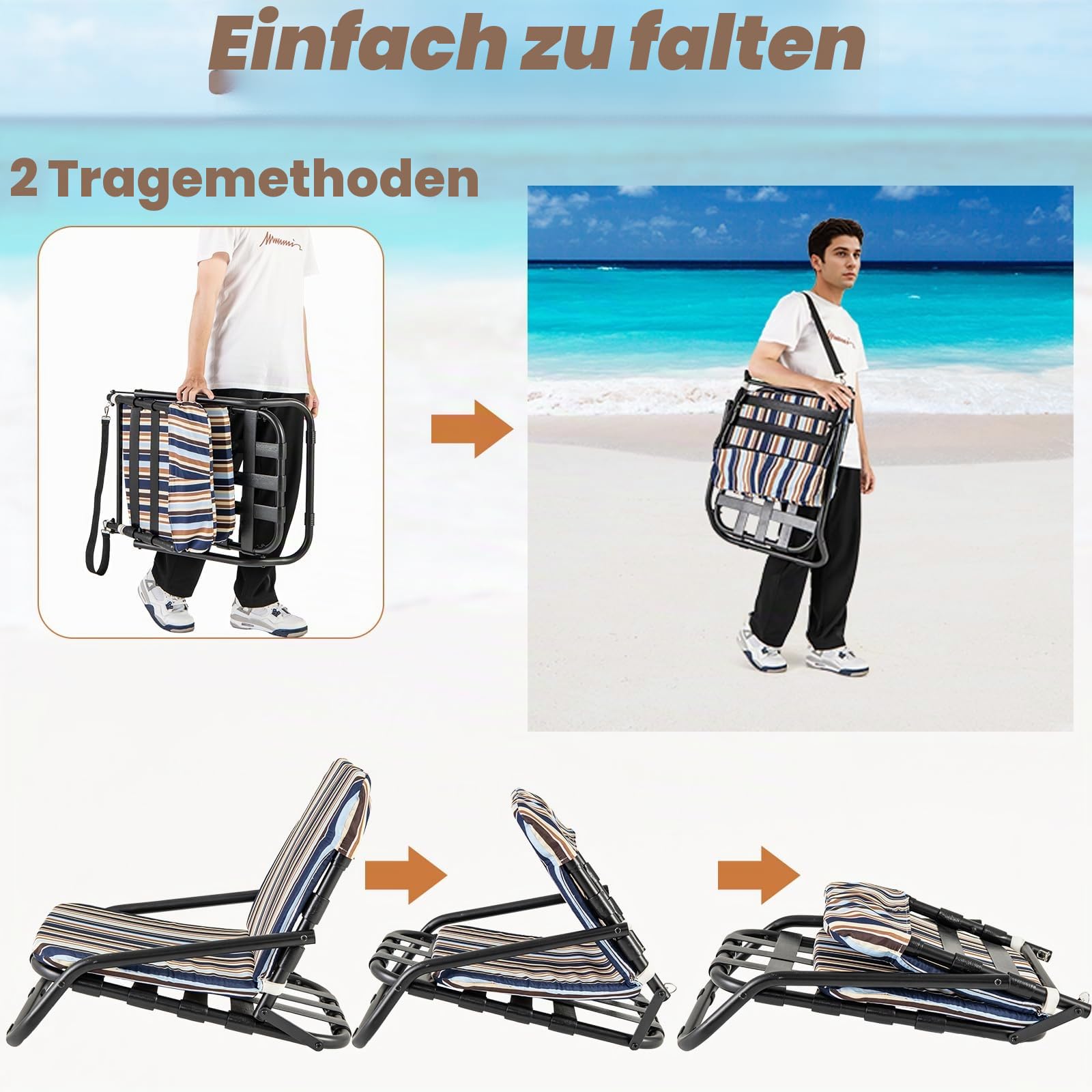 KOMFOTTEU 2er Set Strandstühle, Campingstühle faltbar mit weichem Kissen, Klappstühle mit Schultergurten, Strandkorb mit rutschfesten Füßen, für Picknick, Garten, Camping, 67 x 50 x 46 cm