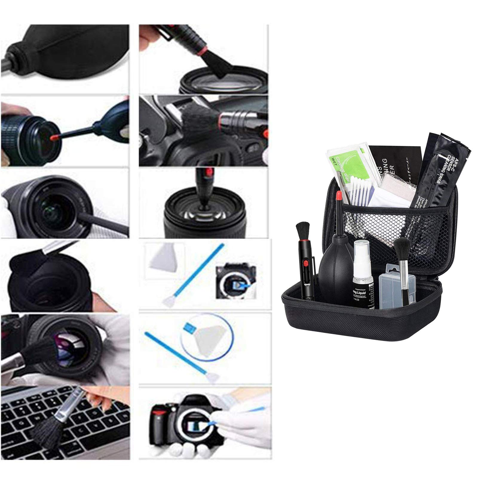 Juego de 3 juegos de limpieza para cámaras réflex digitales + bolsa de viaje + hisopos + cepillo