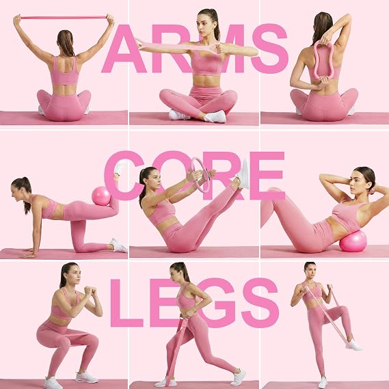 Home Pilates Ring and Ball Set for Women with 5 Resistance Bands 13 inch Magic Circle Workout Starter Kit for Beginners Full Body Toning 15 Min Daily Routine