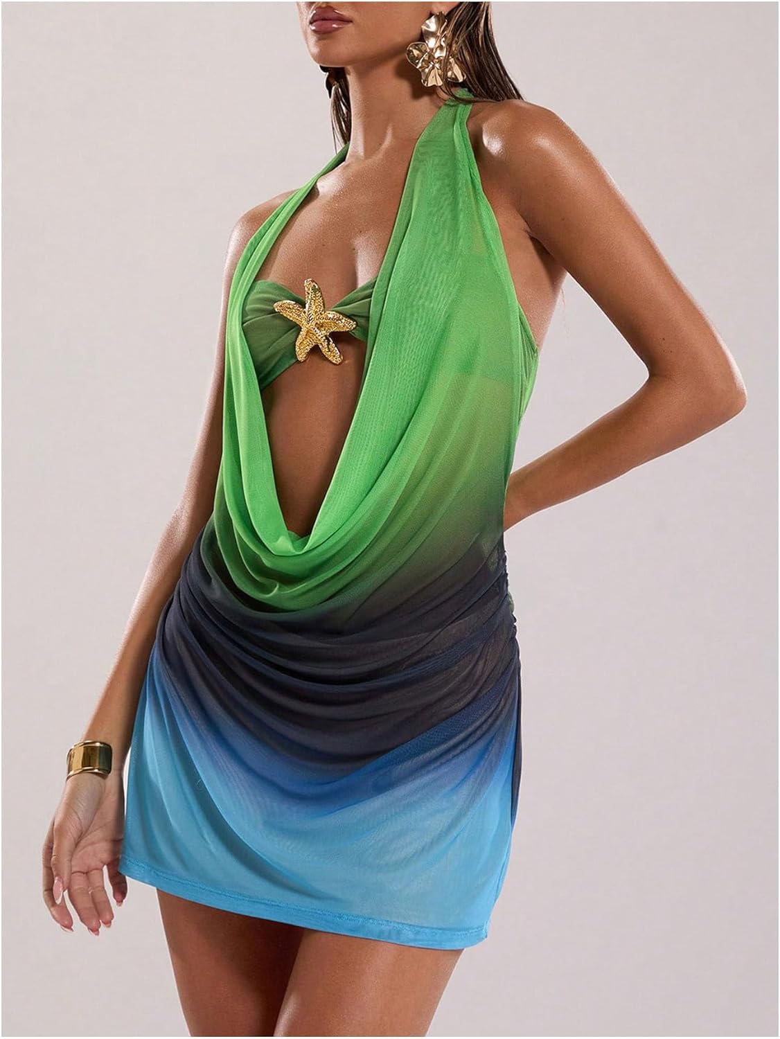 SOLY HUX Women's Y2k Halter Mini Dress Ombre Deep Cowl Neck Backless Bodycon Beach Dresses Vacation Outfit - Image 2