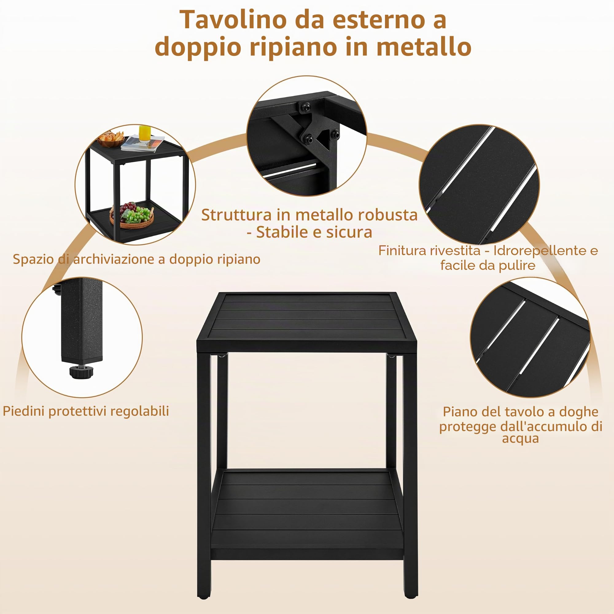Yaheetech Tavolo da Giardino con Ripiano in Metallo Tavolino Quadrato di Servizio con Doghe per Esterno Patio Bistrot Terrazza 45 x 45 x 54 cm Nero