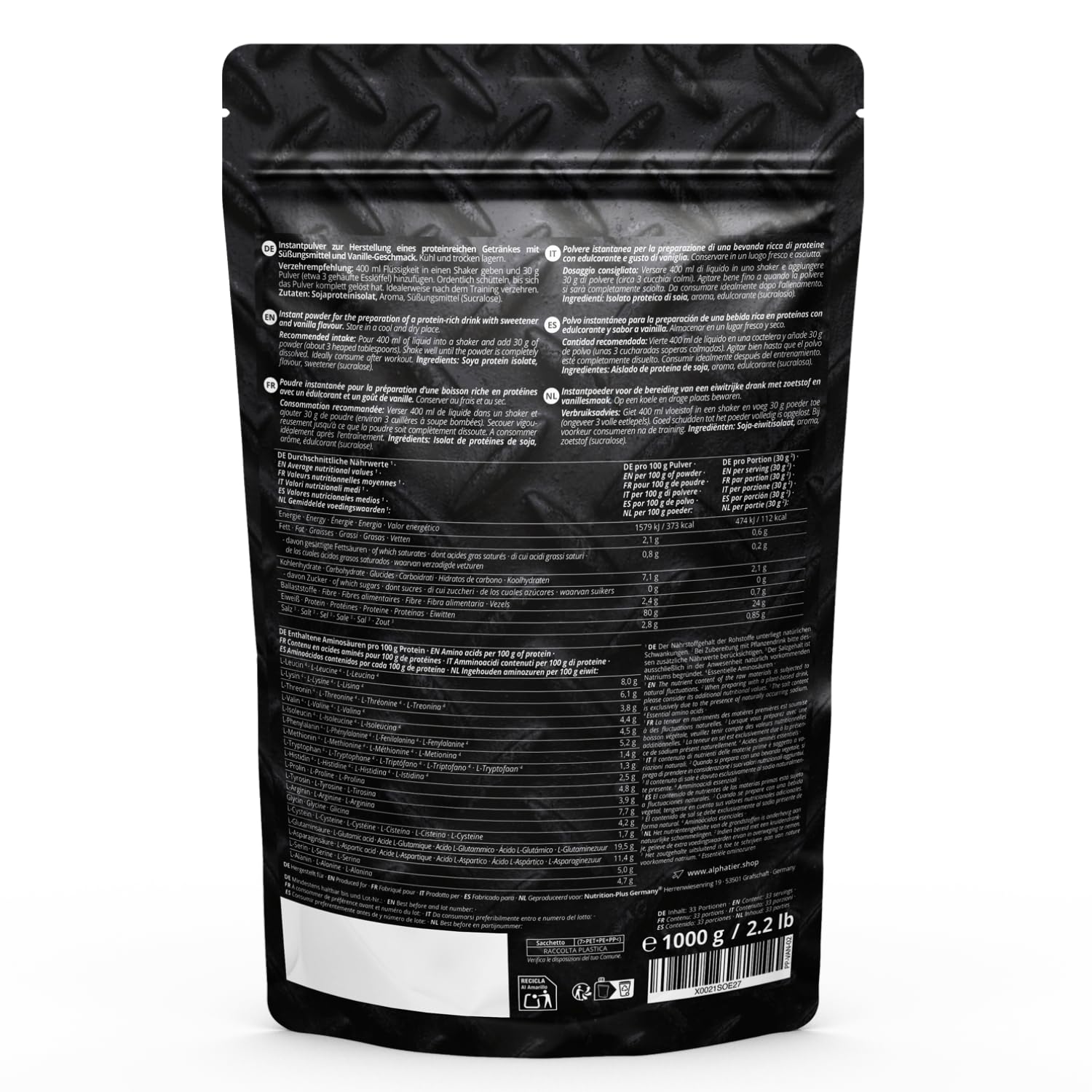 Alphatier Poudre de protéines végétaliennes - Vanille - Poudre de Protéine avec 80% de Protéines - Vanilla Protein Powder - Isolat de protéines de Soja - 1 kg