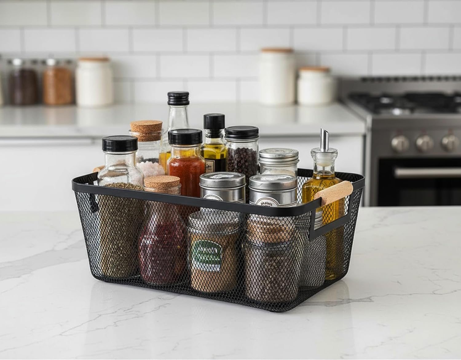 2-Pack Metal Mesh Basket, Medium Wire Storage Organizer with Wood Handle for Kitchen Pantry, Bathroom, Cabinet, Closet, Picnic & Home Organization, Medium, Black