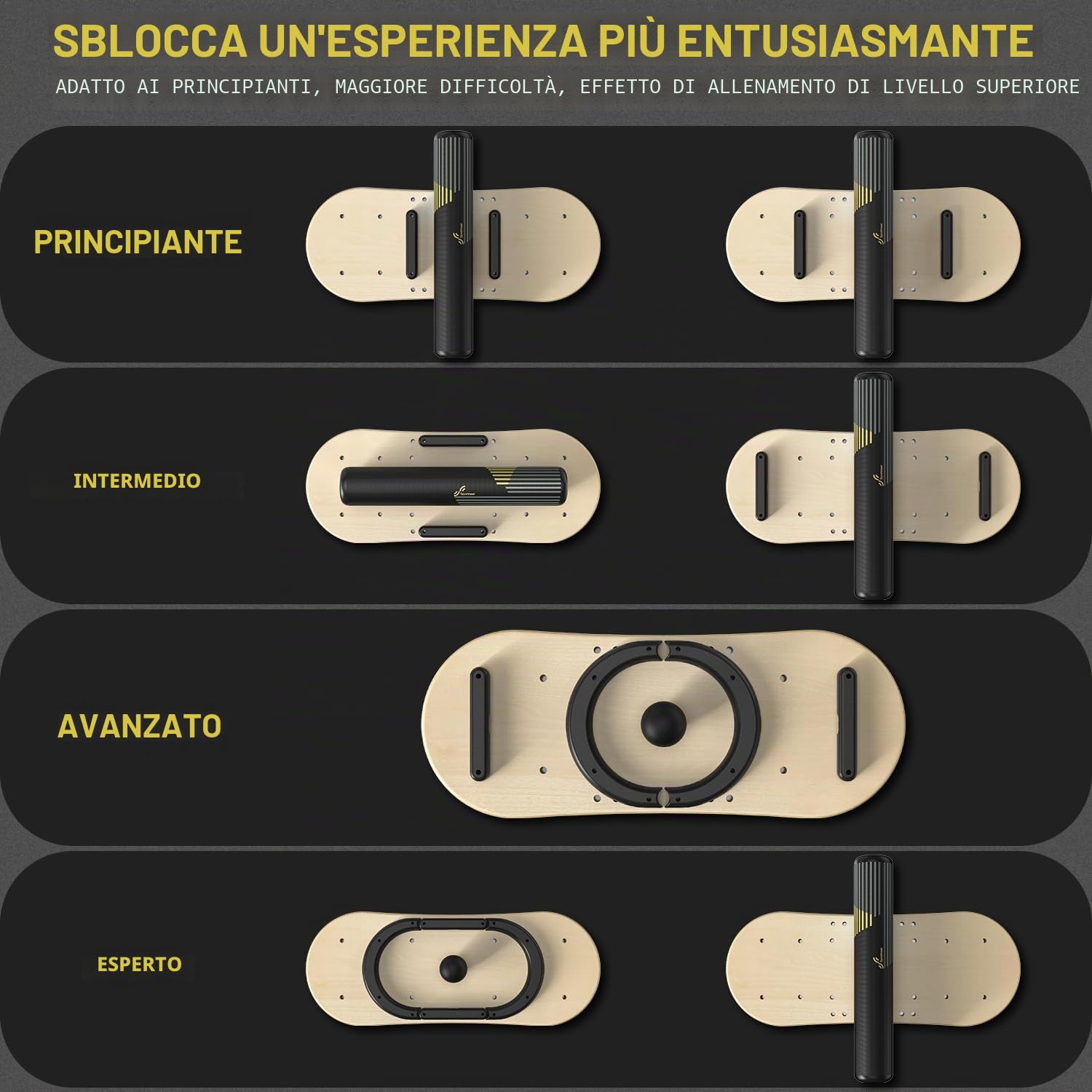 Sportneer Balance Board, 7 modalità, tavola oscillante per interni, skateboard, surf, Balance Board con stopper regolabili, Balance Board in legno, scooter e palla da 7,1 cm inclusi