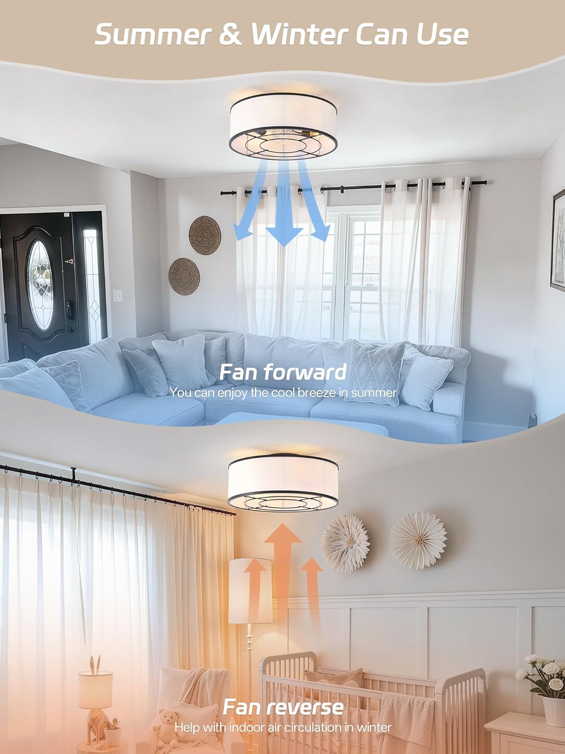 Caged Low Profile Ceiling Fans with Lights, Bladeless Ceiling Fan with lights Remote, Flush Mount Modern Enclosed with 6 Speeds for Bedroom, Kitchen (Black)