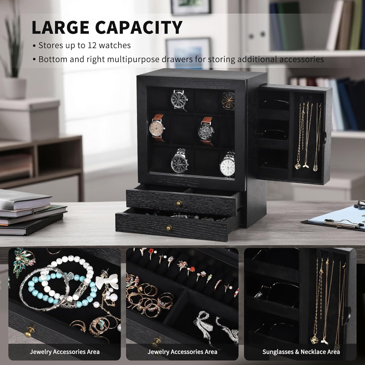 AUTOARK Wooden Watch Eyeglass Jewelry Box with Glass Front,12-Slot Vertical Display Case with 2 Drawers,Velvet Lining,Dresser Organizer for Men Women,Space-Saving Sunglass Storage,Black,MKAW081