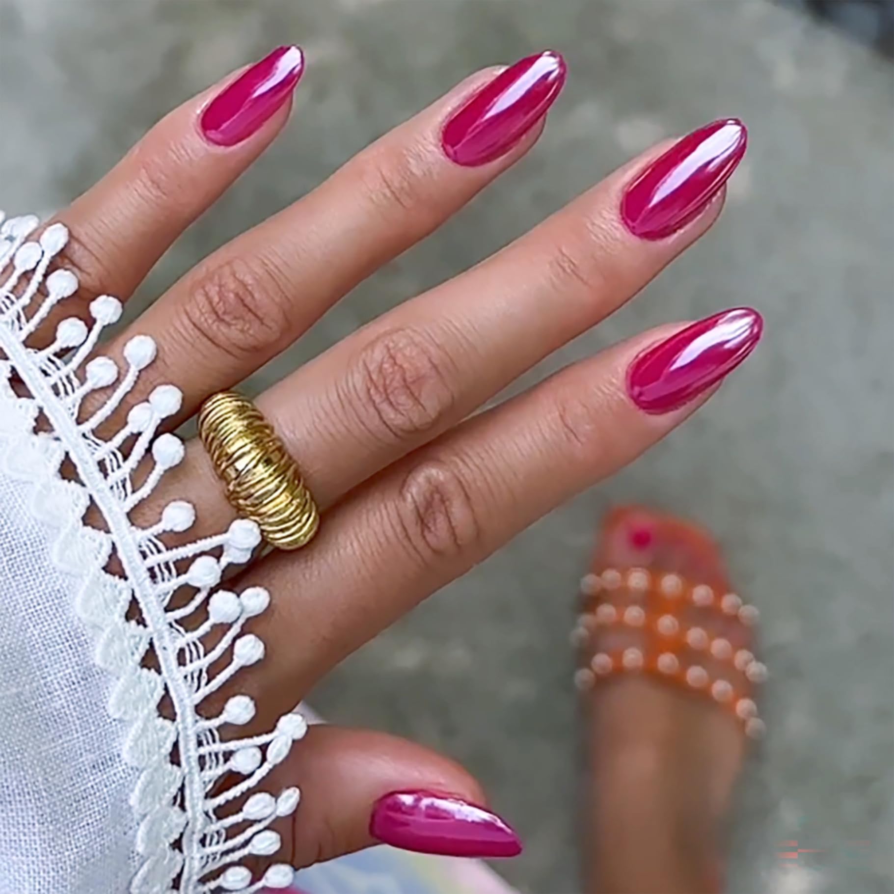 SXVME Chrome Hot Pink False Nails Medium, Glitter Pink Press On Nails Summer, Bling Glazed Gel Fake Nails Press on - Image 2