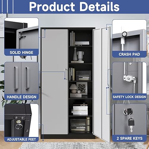Miniatura 47 de Armario de almacenamiento de metal con ruedas, armario de almacenamiento con cerradura de 73 pulgadas con 2 estantes ajustables y 1 cajón para Negro