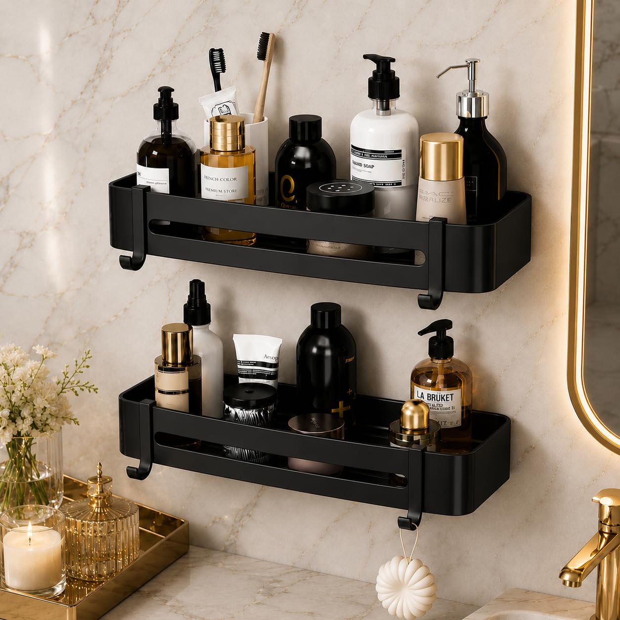 Hallstatt Pack of 2 Aluminum Bathroom Shelf with Removable Hooks, Wall Mounted Bathroom Organizer Shelves Storage Rack Holder Stand for Bathroom Accessories Set with Drill Installation - Black-image-20