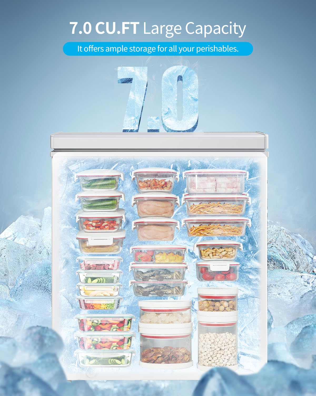 Tabu 7.0 Cu Ft Chest Freezer, White Deep Freezer With Storage Basket, Manual Defrost Freezer, Energy Saving Compact Freezer With 7 Level Adjustable Temperature, Top Open Door, Removable Basket (White) on Fridge.com - View 5