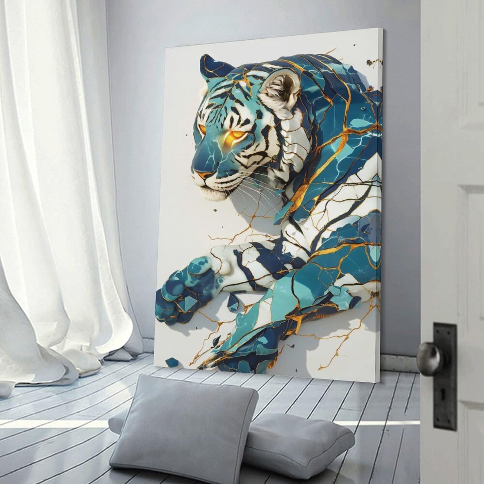 Junmoney Cracked Tiger with Blue And Gold Accents Decorative Wall Artwork, 08x12inch(20x30cm), for Corridors, Hallways Or Apartment Entries, Home Artwork for First Impressions