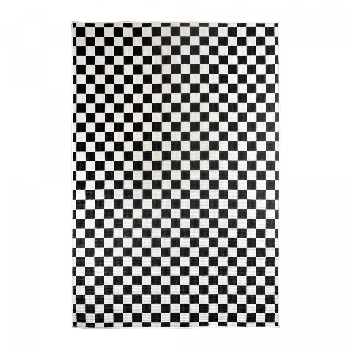 Tapis Exterieur, 200 X 290 Cm, Noir Et Blanc, Motif Géométrique Damier, Style Kilim Tissé Fabriqué en Belgique, Terrasse Jardin Grand Salon, 12048