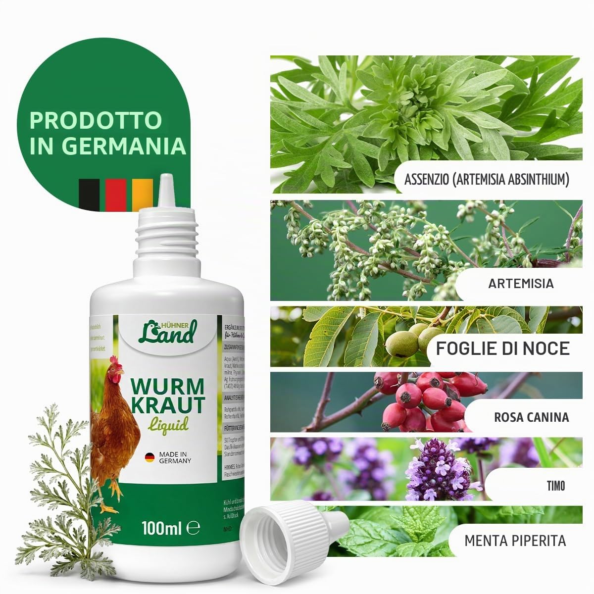 HÜHNER Land Verme Liquido – Gocce liquide naturali con verme erbe per polli, quaglie e pollame con vermi vermi vegetali, 110 ml