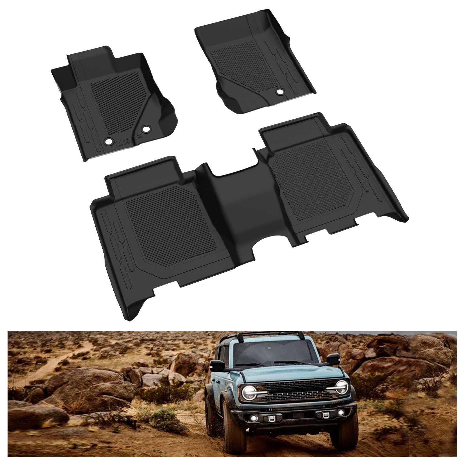 KIWI MASTER Floor Mats Compatible for 2021-2023 Ford Bronco 4-Door Accessories All Weather Custom Fit Mat Liners TPE Slush Liner Black M2DZ-7813300-AA